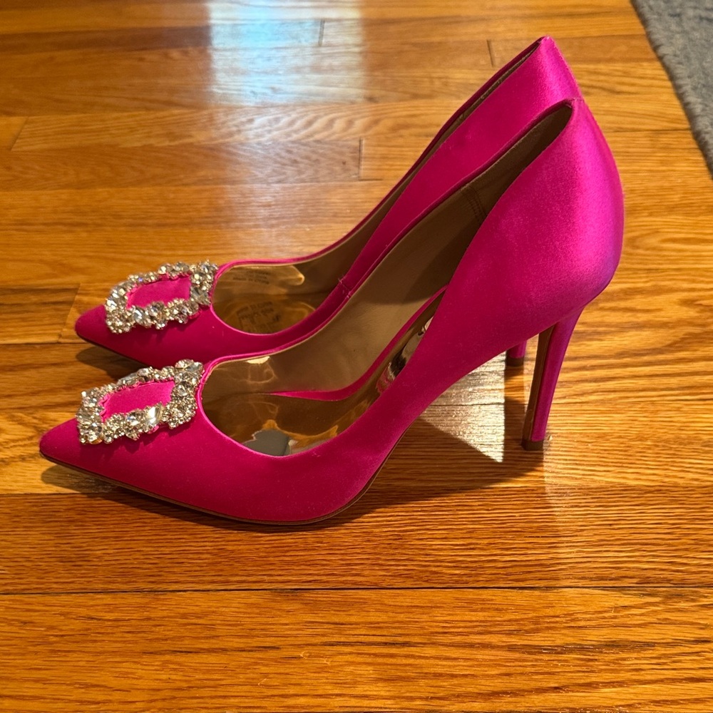Badgley Mischka Fuchsia Satin Heels with Rhinestone Buckles